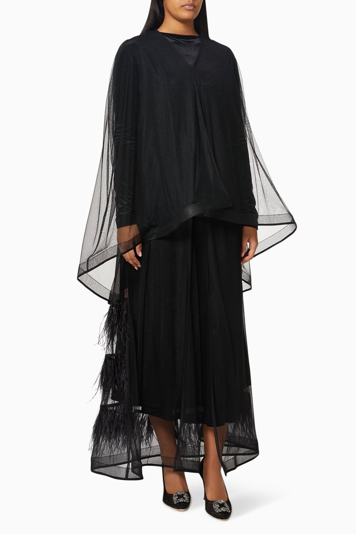 

Aviana Fringe Abaya in Sheer Tulle, Black