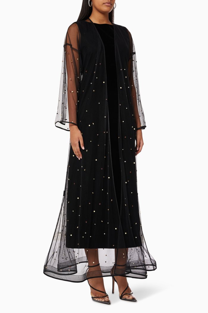 

Kalila Embellished Abaya in Sheer Tulle, Black