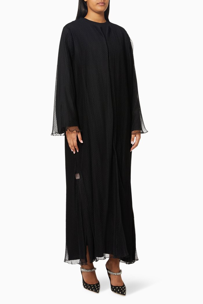 

Plissé Pleated Abaya in Embroidered Mesh, Black