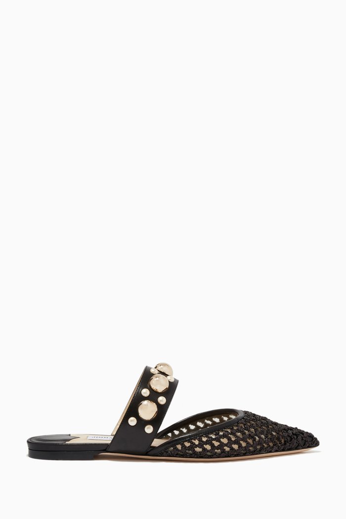 Basette Pearl Flats in Woven Raffia Net, Black