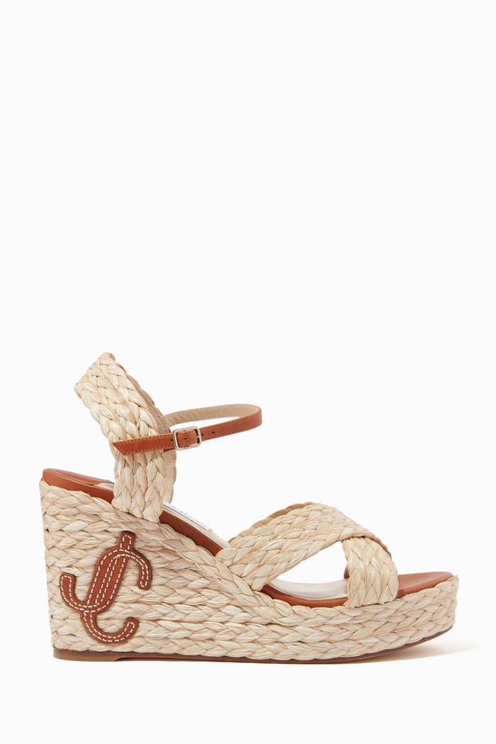 

Dellena 100 Wedge Sandals with JC Monogram in Raffia, Brown