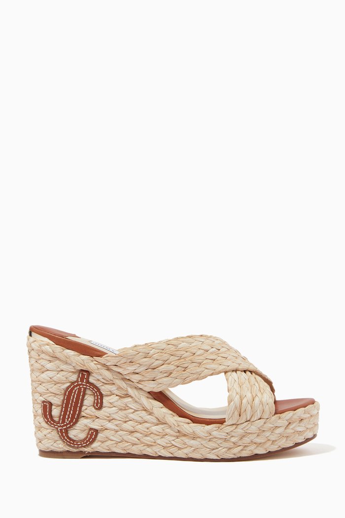

Dovina 100 Wedge Sandals with JC Monogram in Raffia, Brown