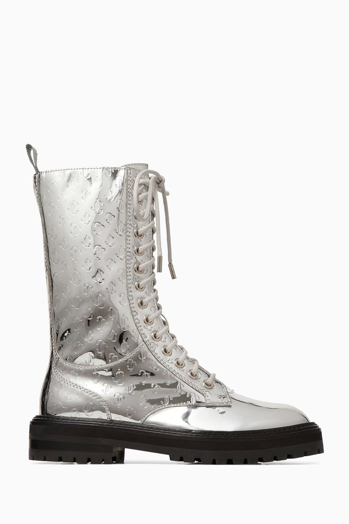 

Cora Flat Tall Combat Boots in JC Mirror Fabric, Silver