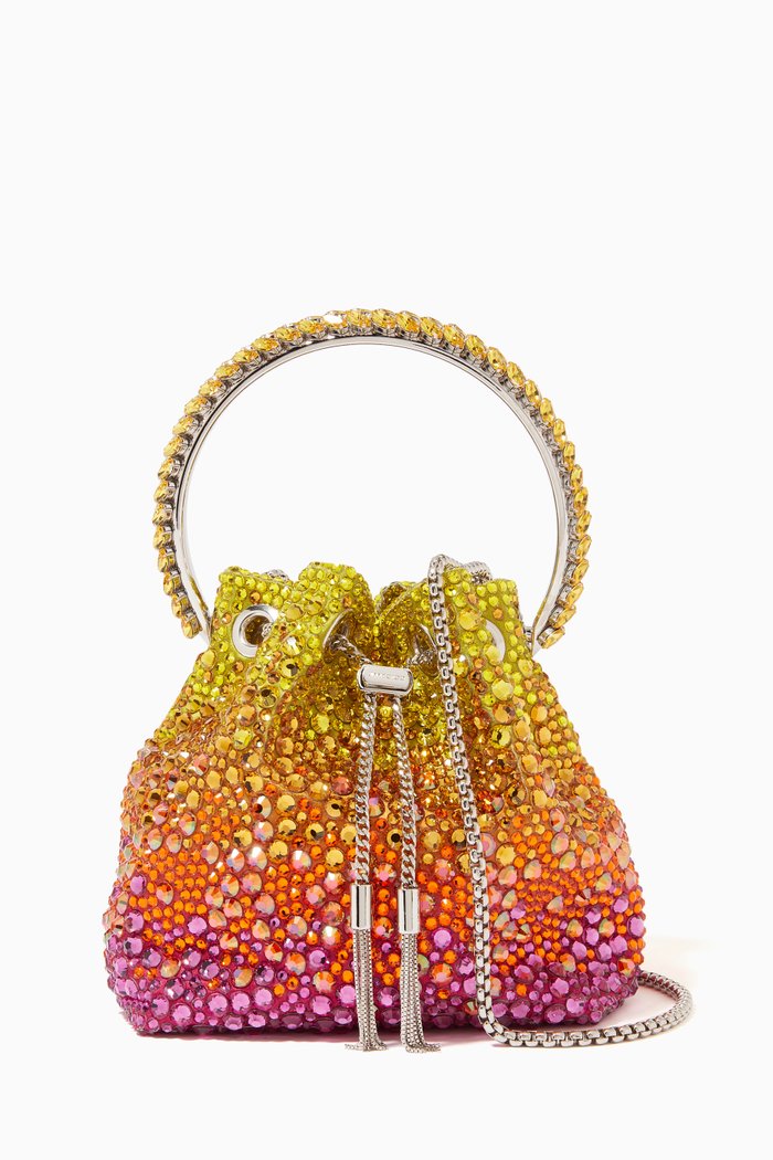 

Mini Bon Bon Bucket Bag in Crystal Embellished Satin, Orange
