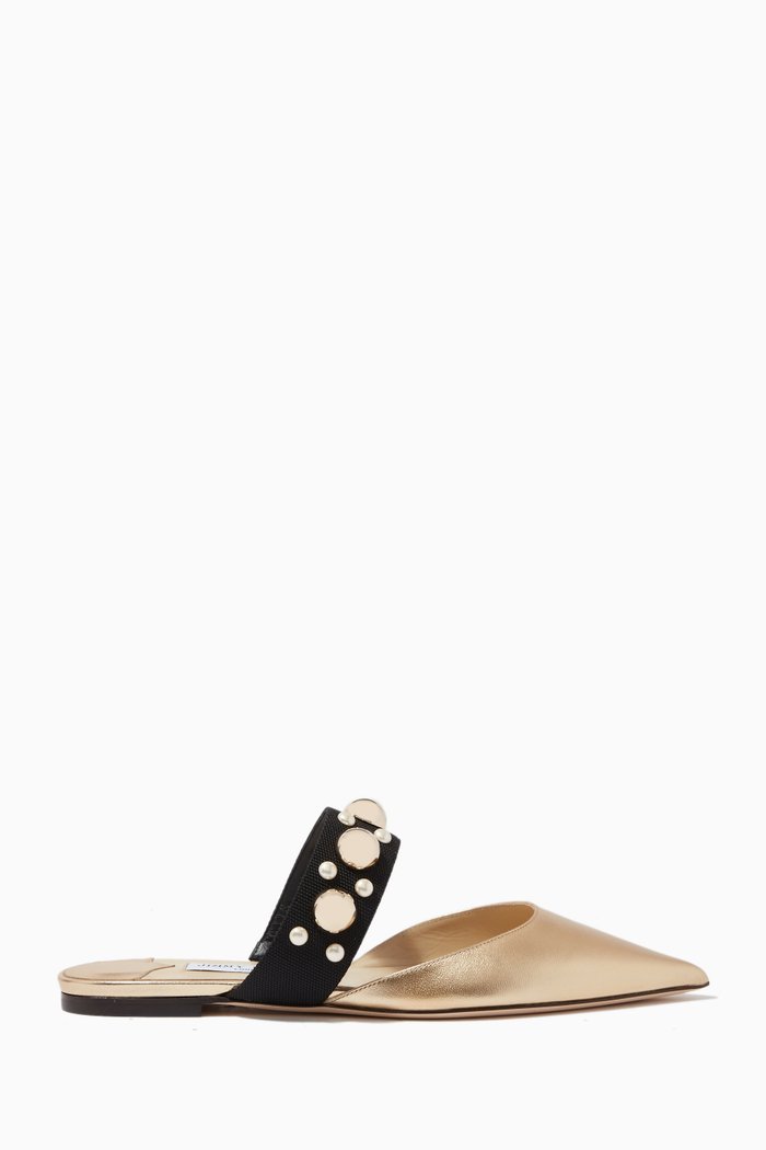 

Basette Flat Mules in Metallic Leather, Gold
