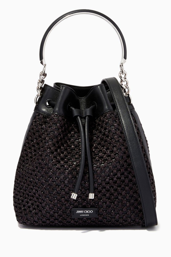 

Bon Bon Metal Handle Bucket Bag in Raffia Net, Black