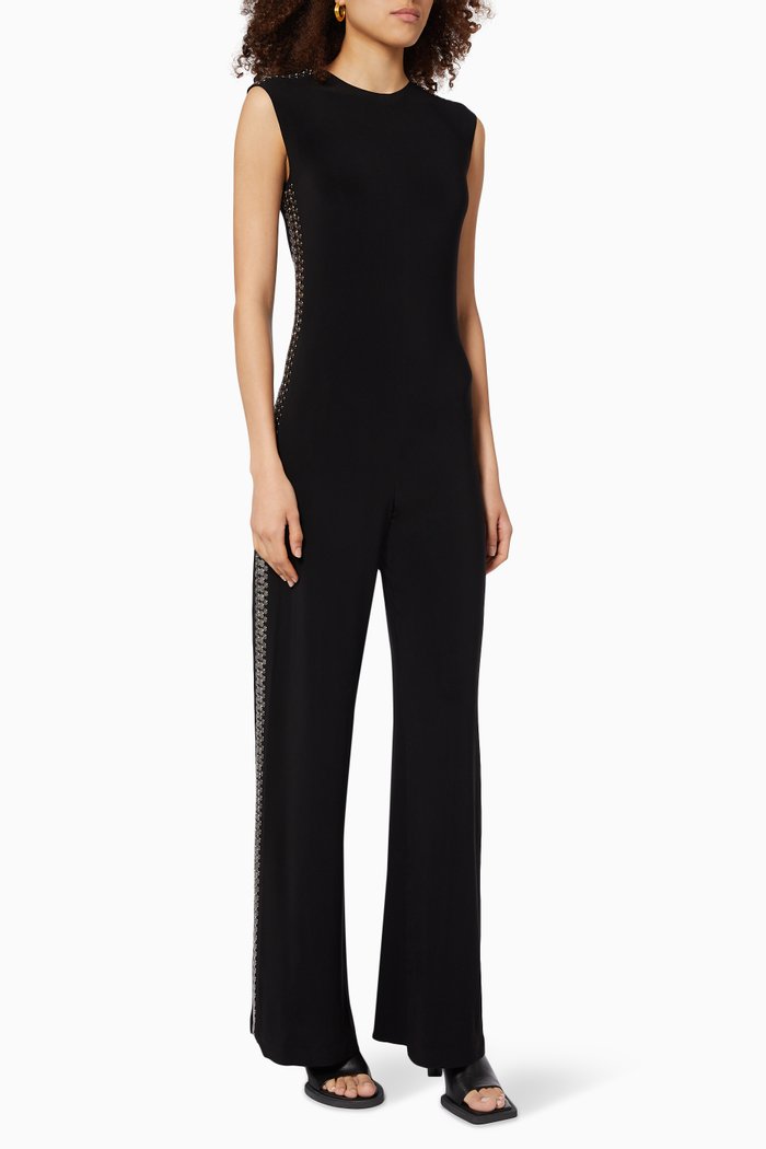 

Studded Sleeveless Jumpsuit in Poly Stretch, Black