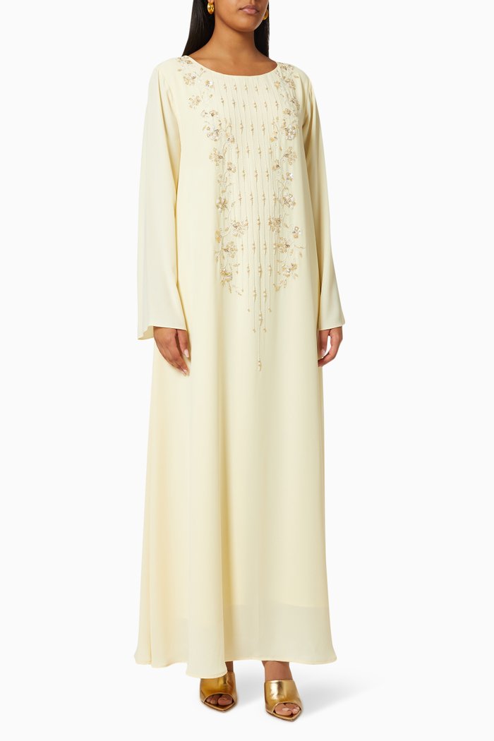 

Floral Embroidered Jalabiya in Chiffon, Yellow