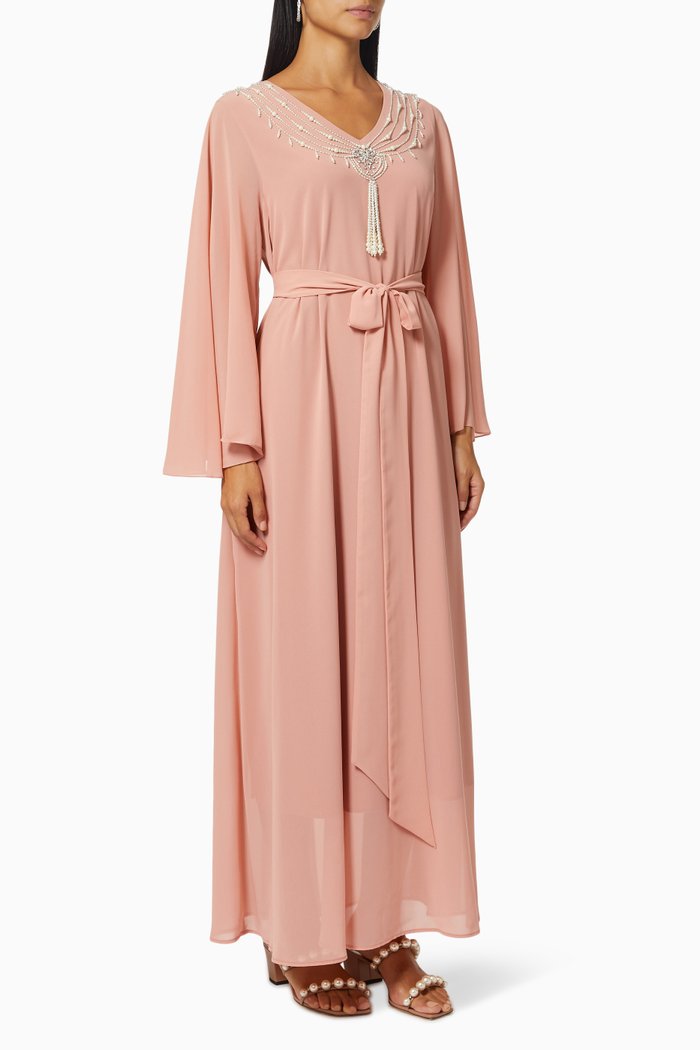 Beaded Tassel Jalabiya in Chiffon, Pink