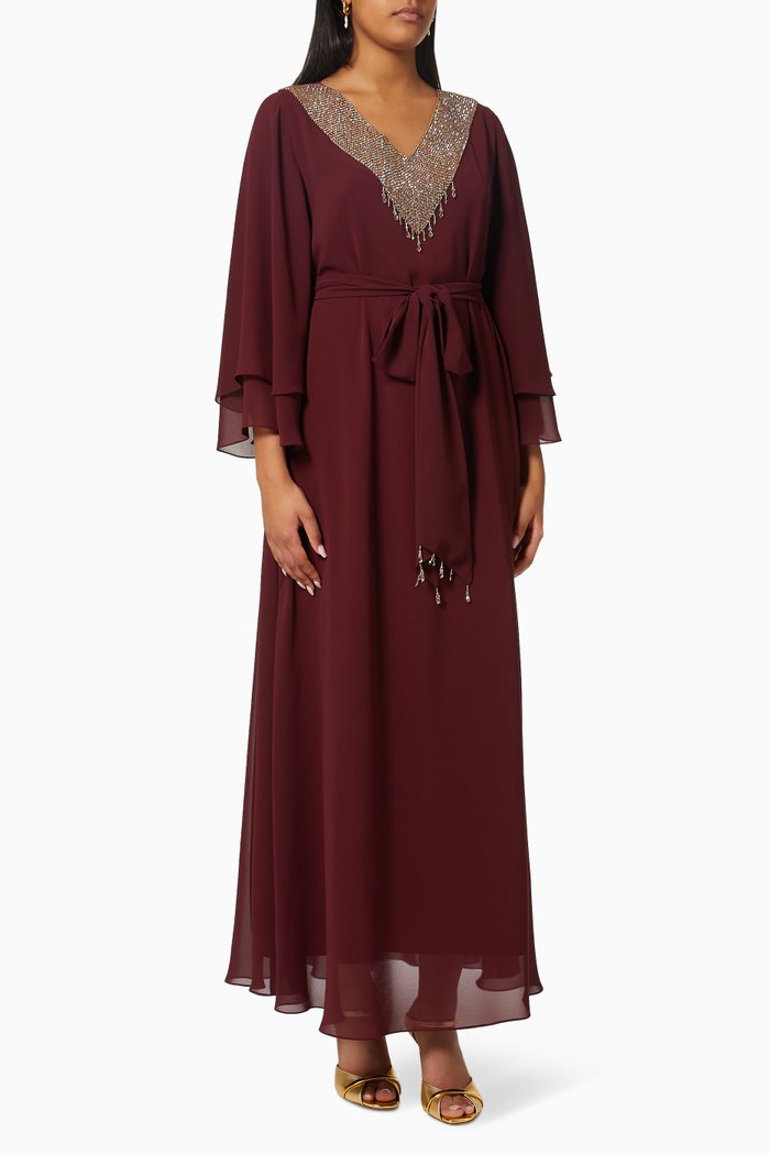 

Crystal Embellished Jalabiya in Crepe, Burgundy
