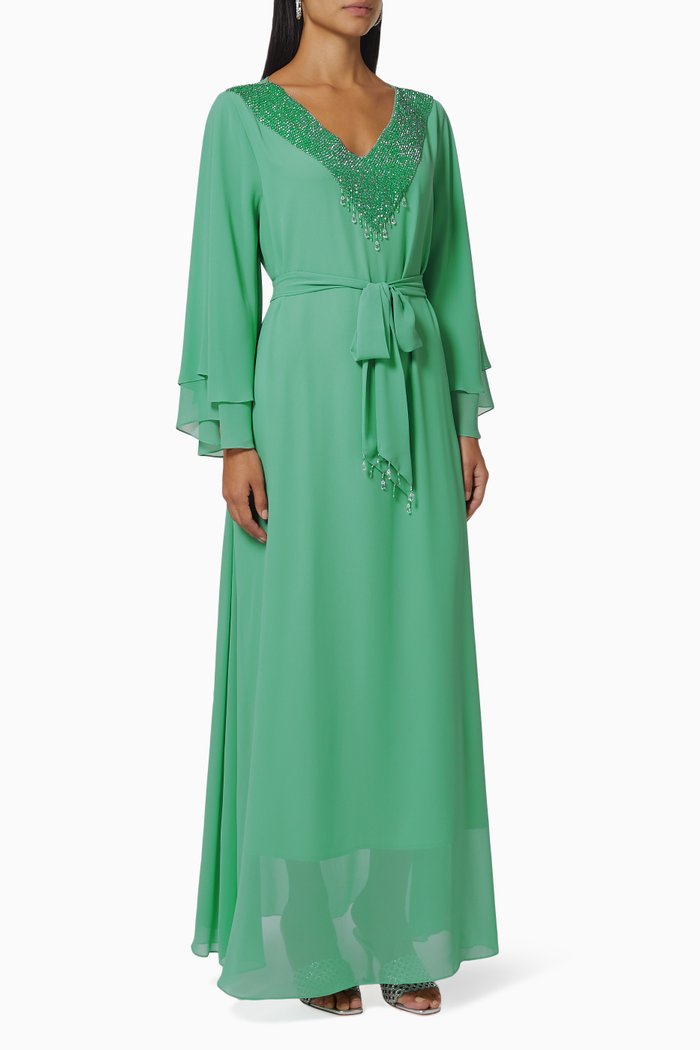 

Bead Embellished Jalabiya in Chiffon, Green