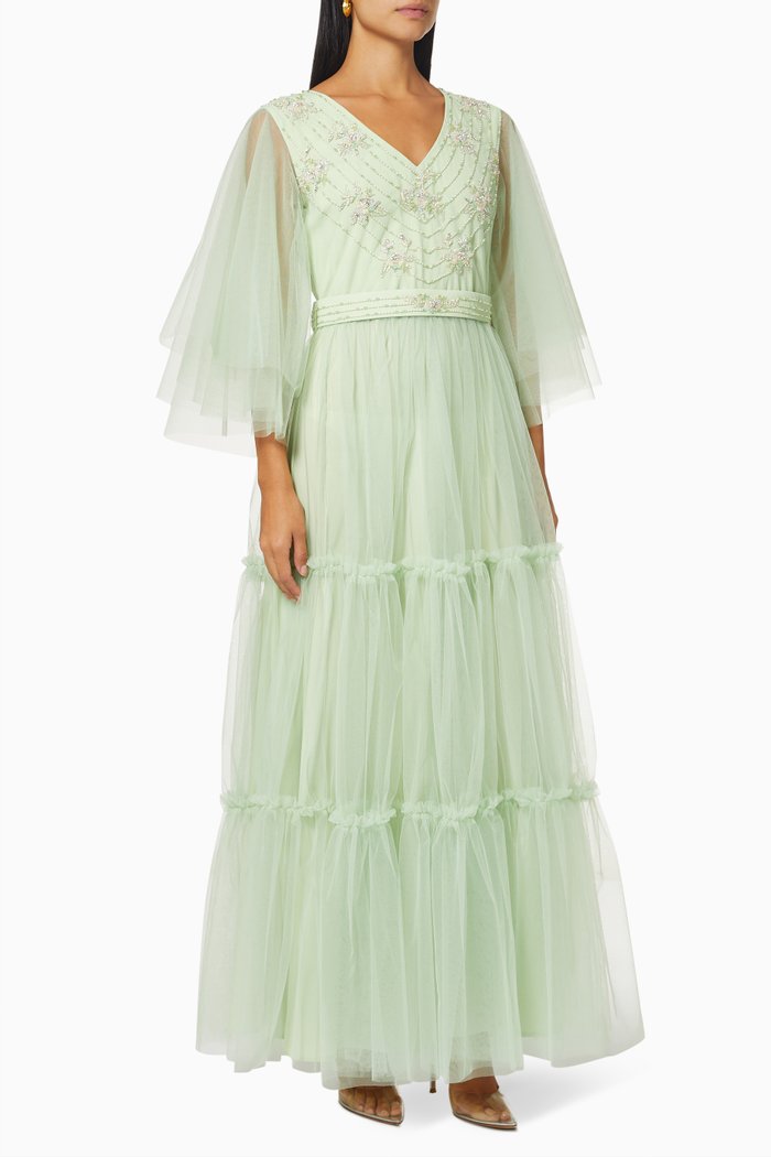 

Tiered Dress in Embroidered Tulle, Green