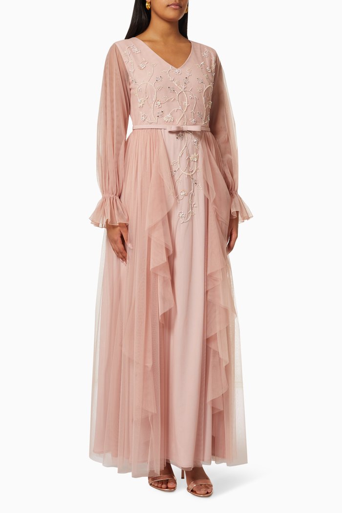 Hand Embroidered Dress in Tulle, Pink