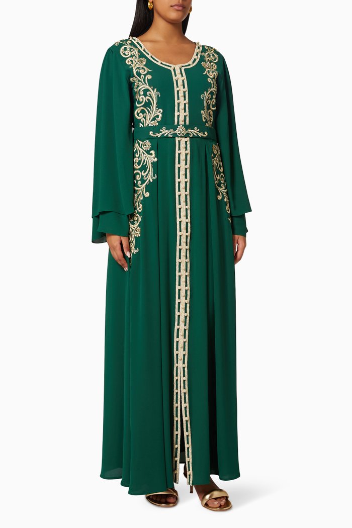 Embroidered Kaftan in Chiffon, Green