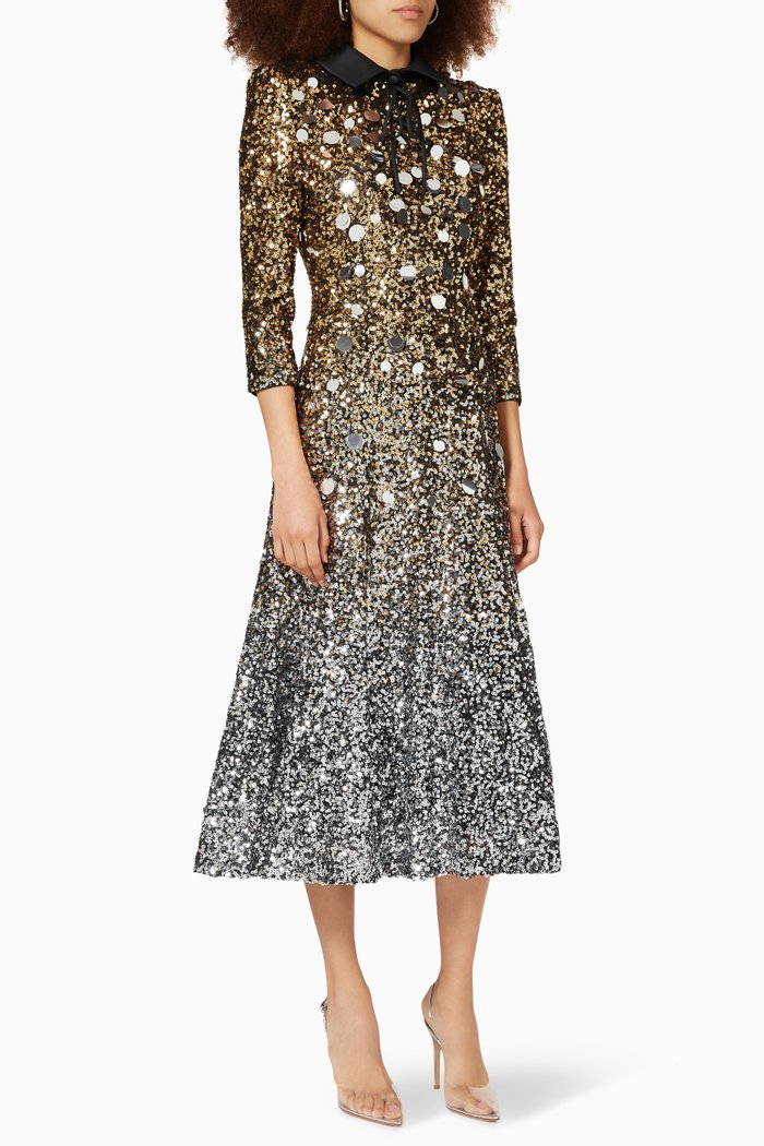 Sequin Embellished Midi Shirt Dress in Crepe, Silver