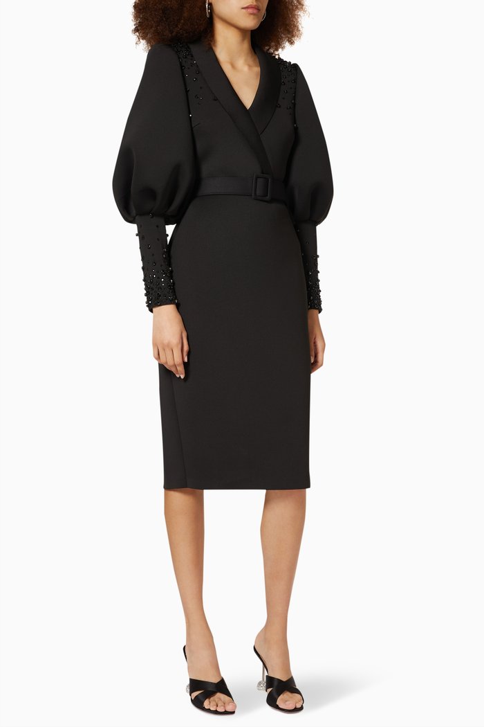 

Crystal Embellished Blazer Dress in Scuba, Black