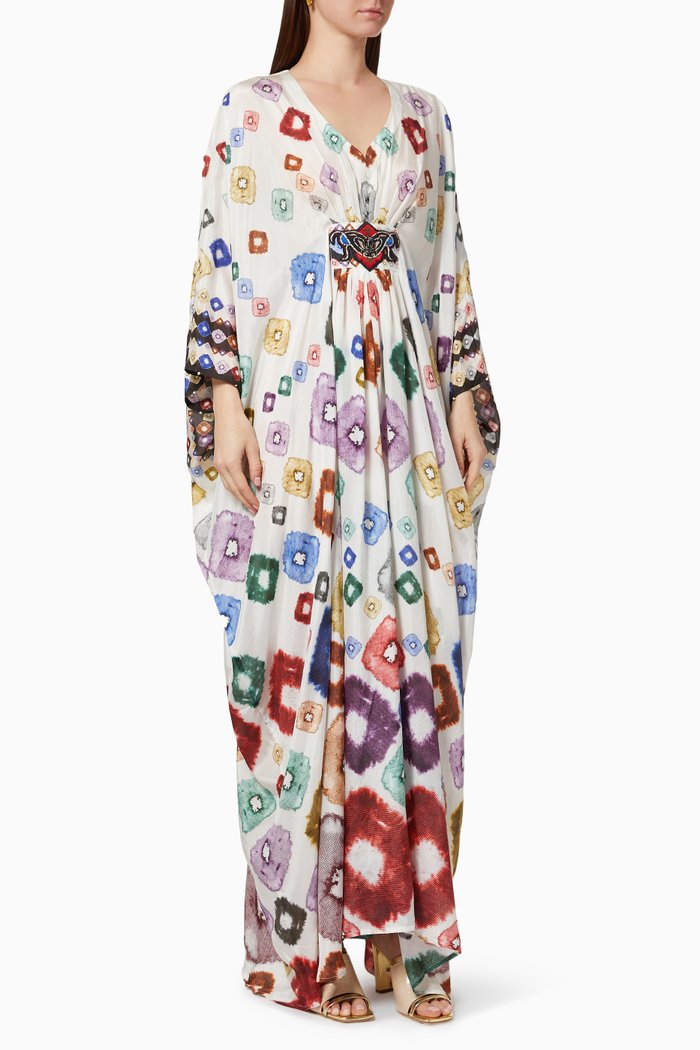 

Imama Printed Kaftan in Silk, White