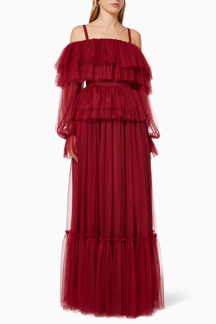 

Off Shoulder Dress in Tulle, Burgundy