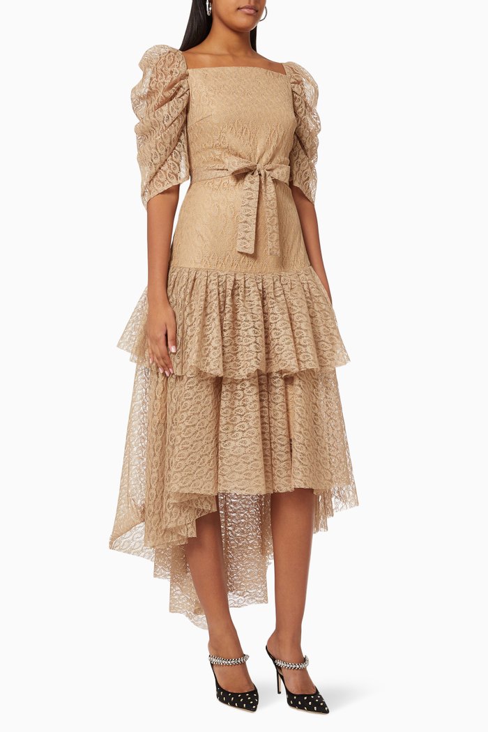 Tiered Belted Dress in Lace, Gold