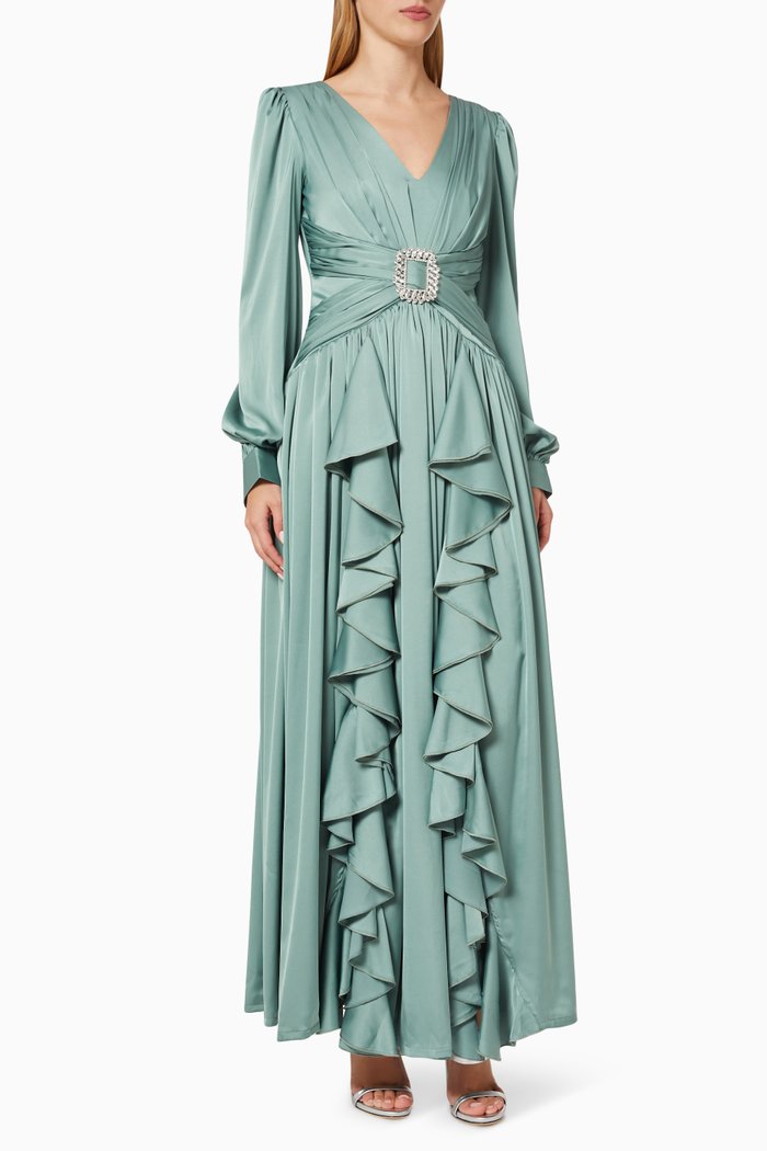 Ruffle Gathered Dress, Green