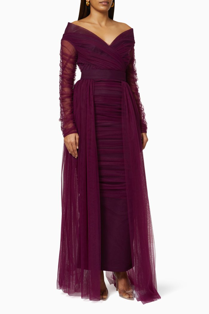 Off Shoulder Ruched Dress, Purple