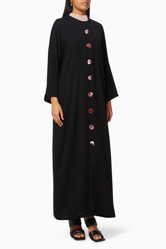 

Contrast Buttoned Abaya in Crepe, Black