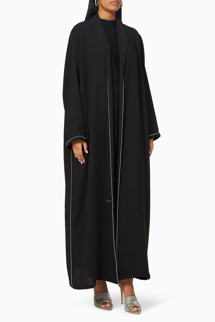 

Metallic Pearl Embellishments Abaya in Crepe, Black
