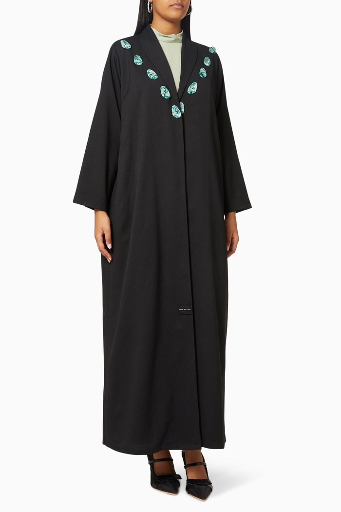 

Collared Abaya with Buttons in Crepe, Multicolour