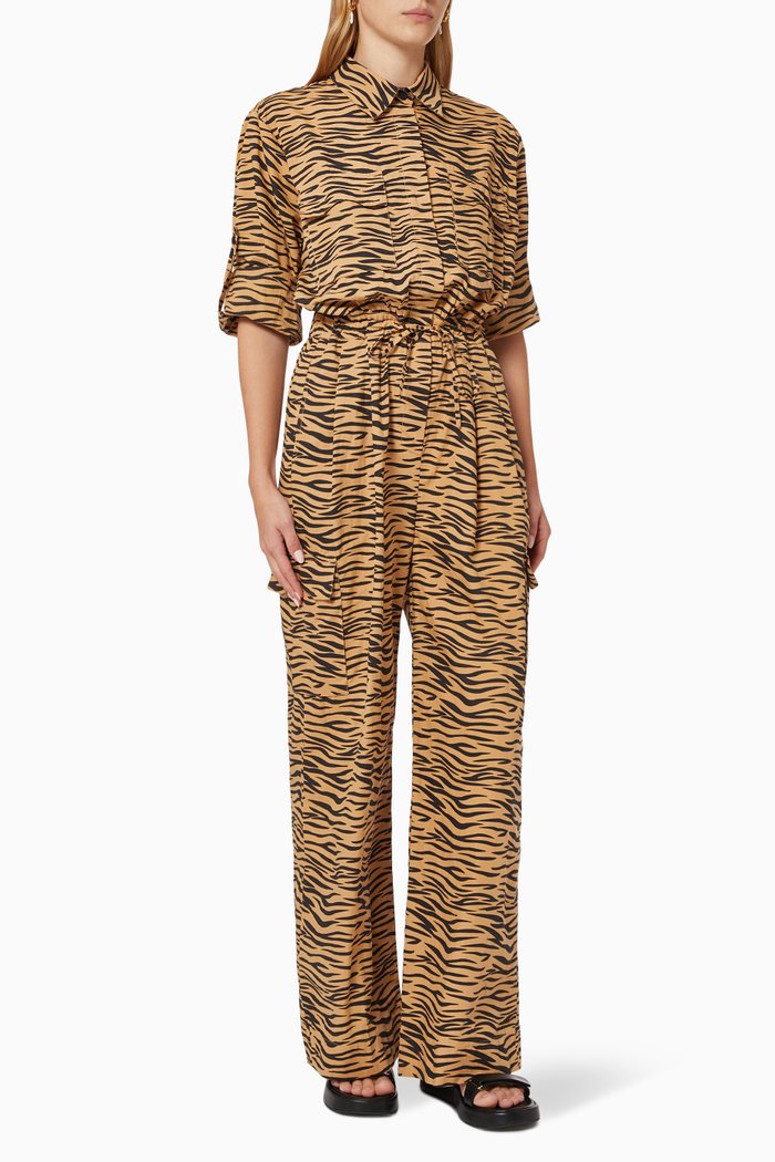 

Tiger Print Utilitarian Jumpsuit in Sustainable Cotton, Brown