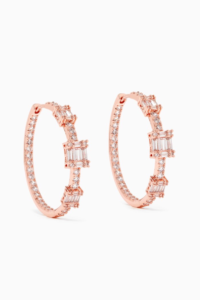 

3 Baguette Station Hoop Earrings, Rose gold