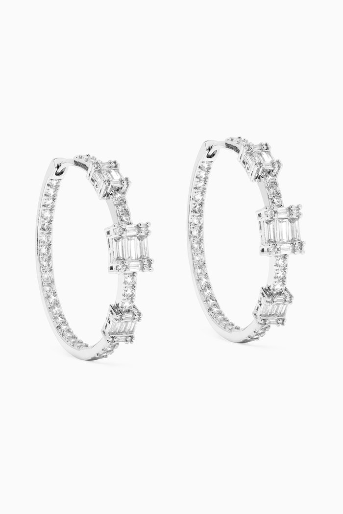 

3 Baguette Station Hoop Earrings, Silver