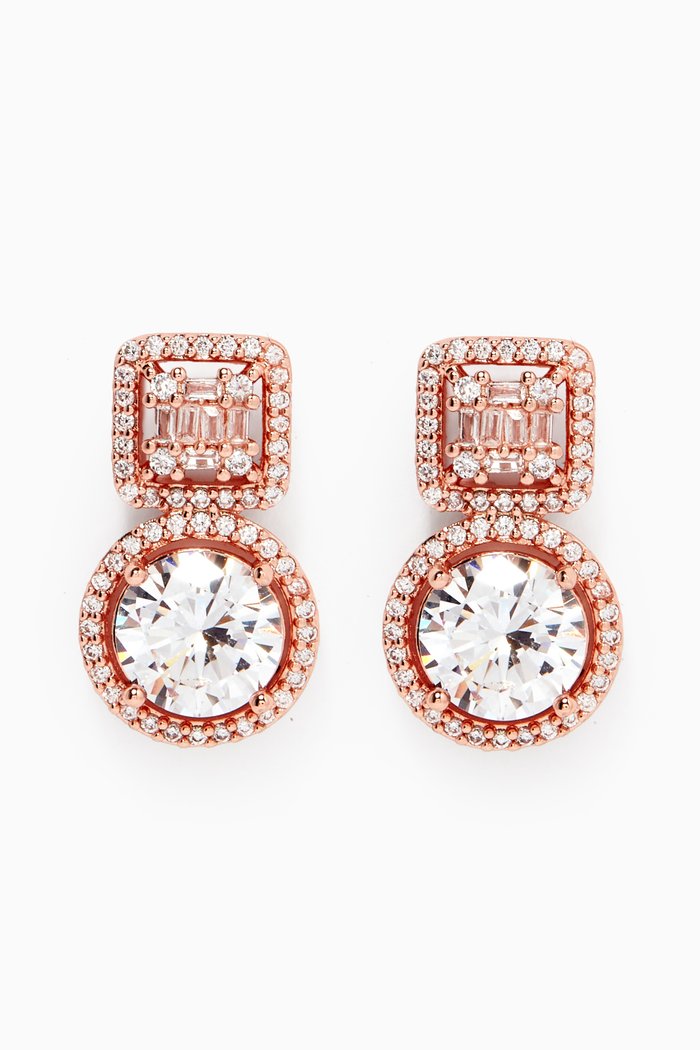 CZ Circle Square Drop Earrings, Rose gold