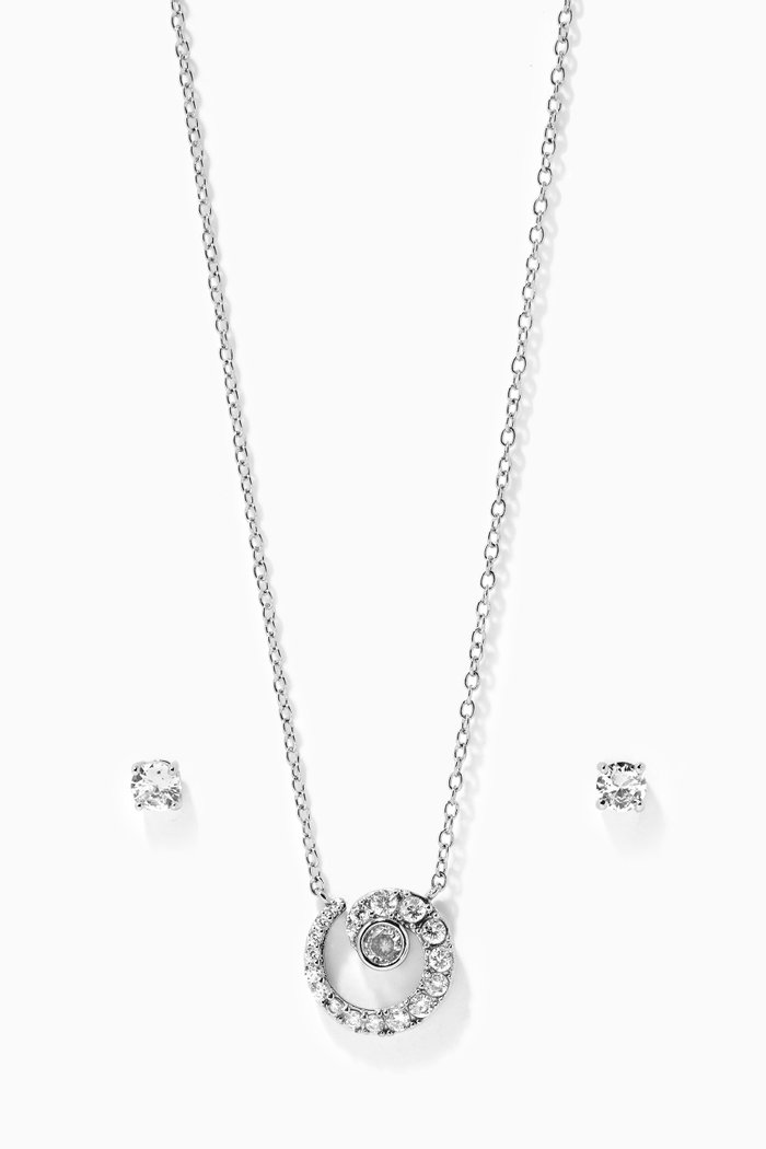 CZ Swirl Pendant Necklace & Earrings Set, Silver