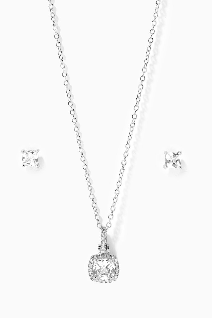 

Cushion Halo Pendant Necklace & Earrings Set, Silver
