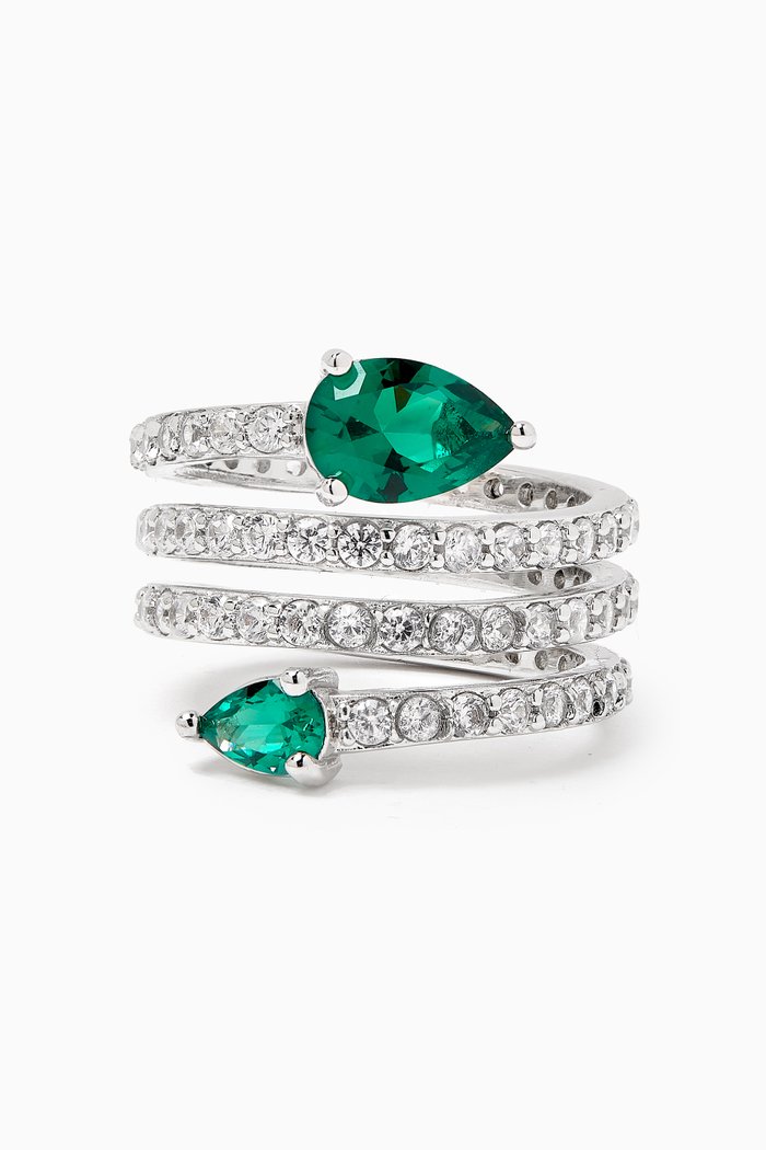 

Spiral Pear Pavé Ring in Rhodium-plated Brass, Green