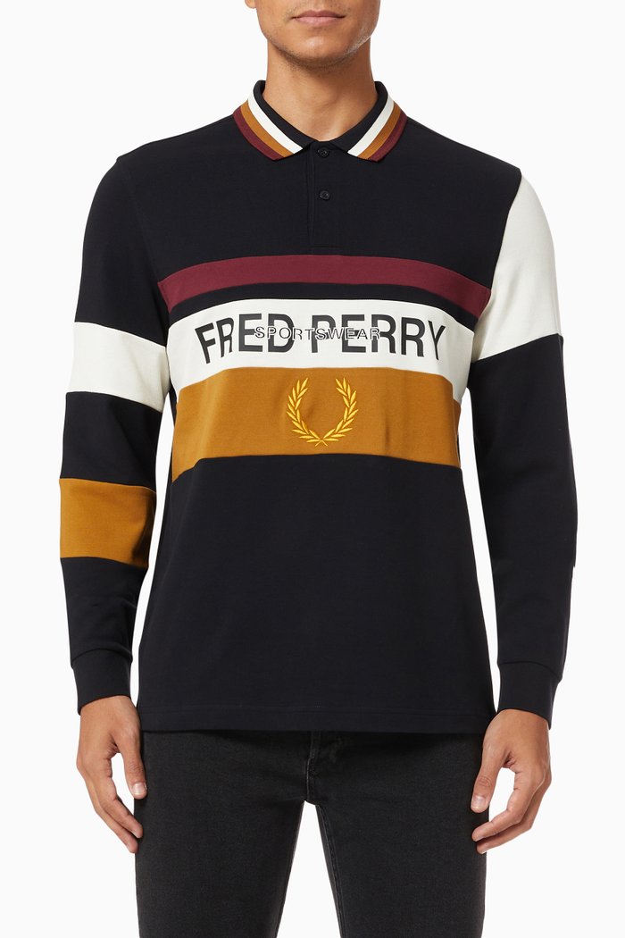 

Long Sleeve Contrast Panel Polo Shirt in Cotton Piqué, Black