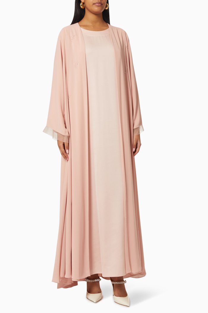 Embellished Abaya Set in Chiffon & Satin, Pink