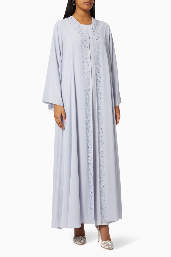 Embellished Abaya Set in Chiffon & Satin, Blue