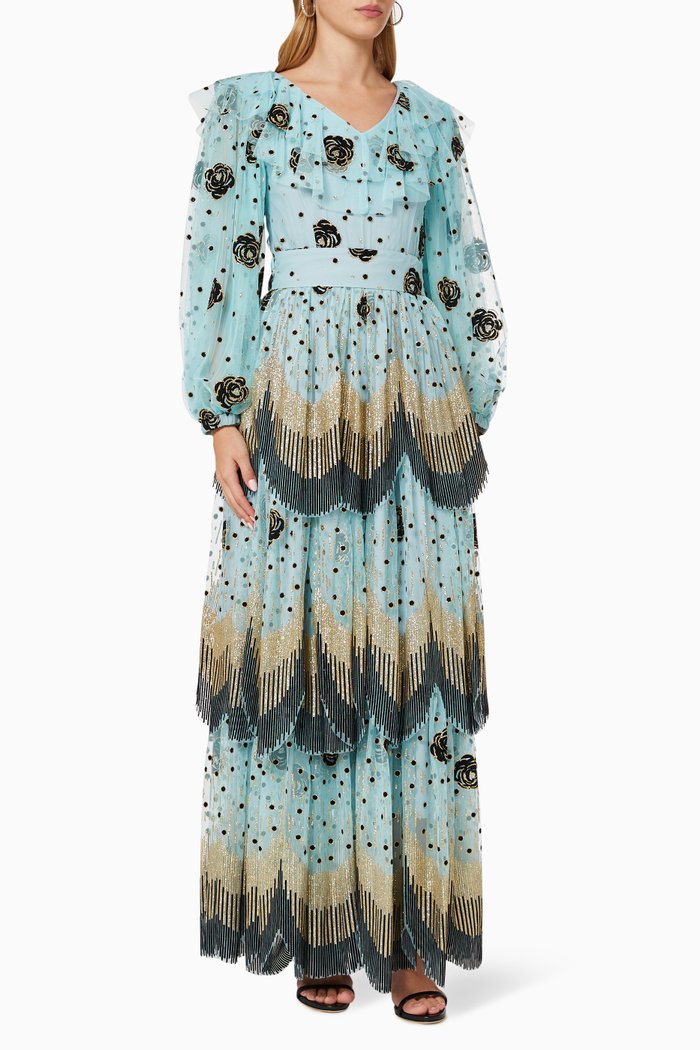 

Scalloped Tiered Dress in Metallic Tulle, Blue