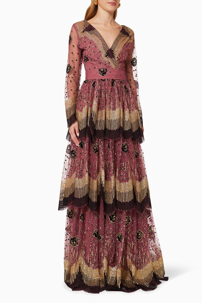 

Tiered Dress in Metallic Tulle, Red