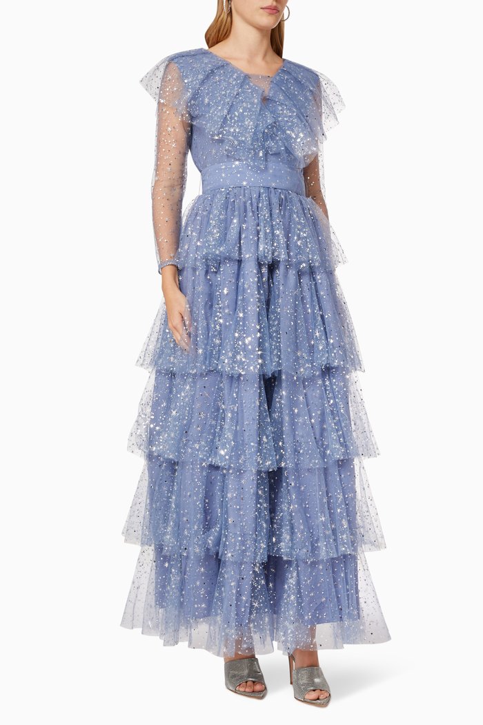 

Tiered Dress in Metallic Tulle, Blue