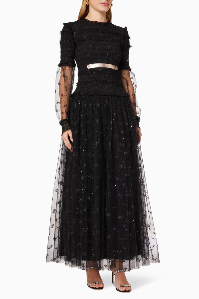 Shirred Dress in Metallic Tulle, Black
