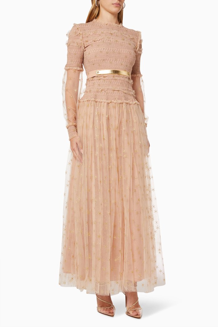 

Shirred Dress in Metallic Tulle, Gold