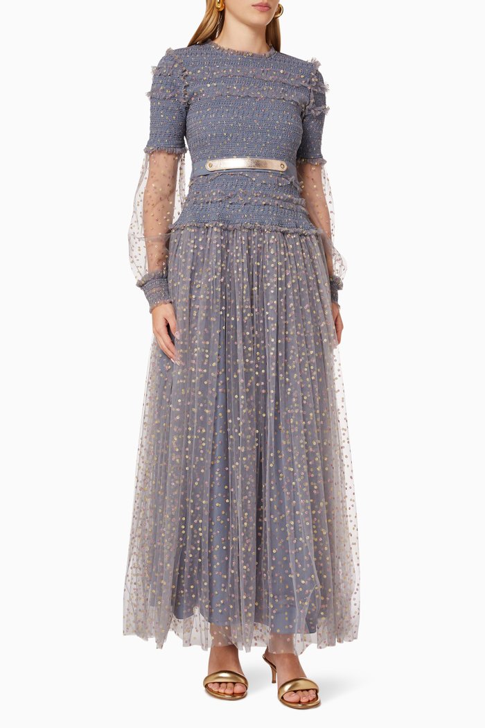 

Shirred Dress in Metallic Tulle, Grey