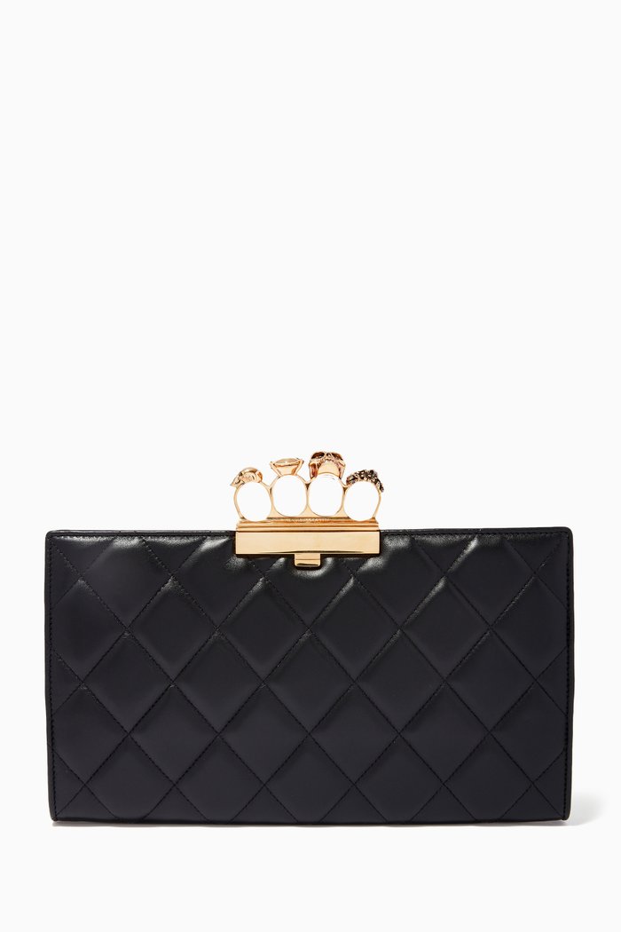 Four Ring Flat Pouch in Quilted Nappa, Black
