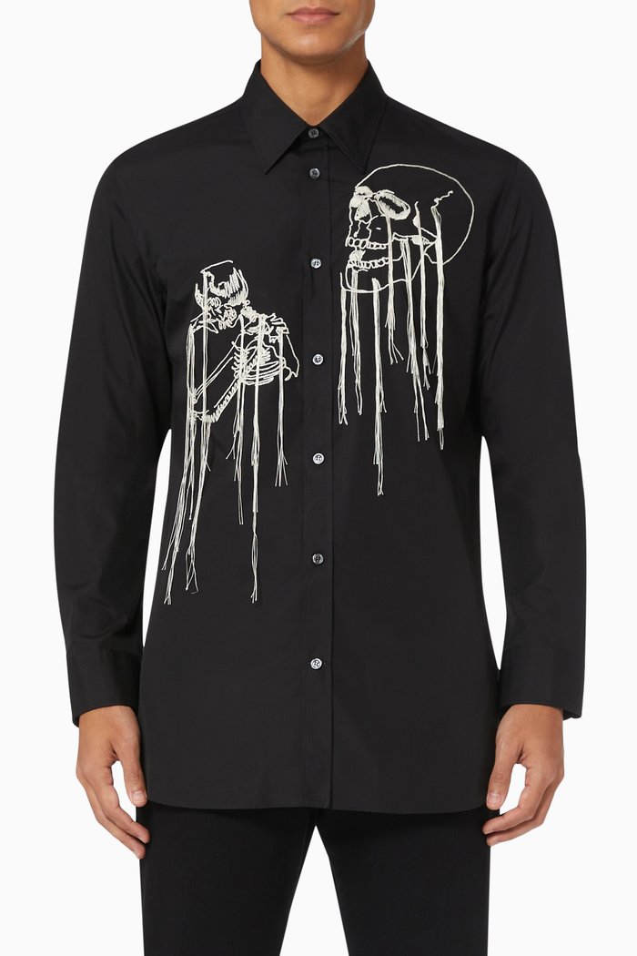 

Embroidered Skull & Fringe Shirt in Cotton, Black