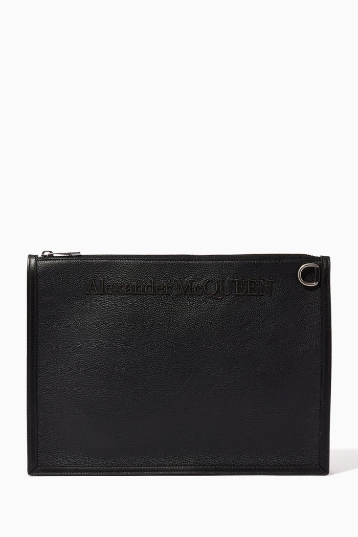 Edge Zip Pouch in Leather, Black