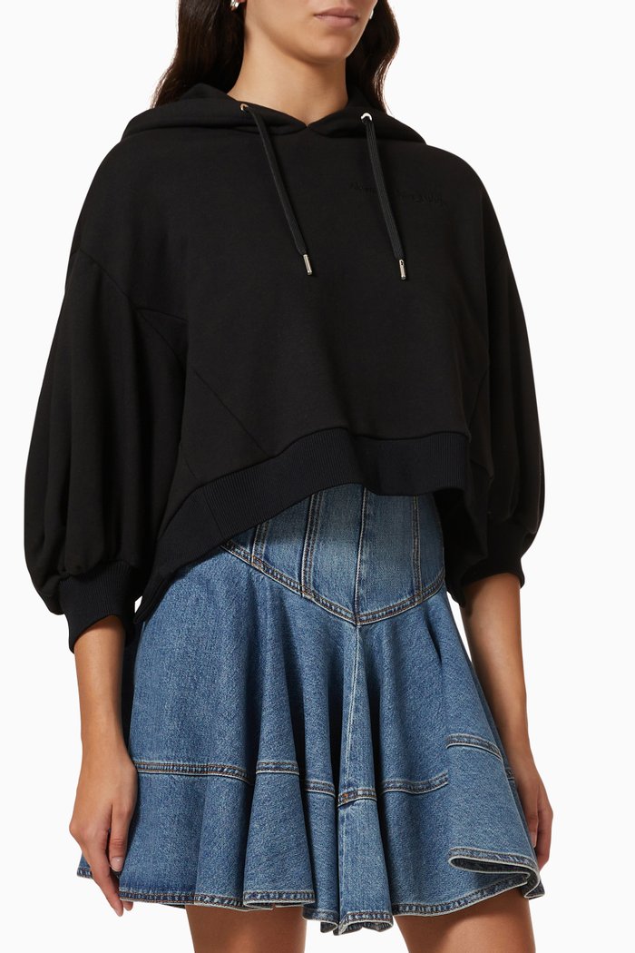 

Cropped Hoodie Sweatshirt in Cotton, Black