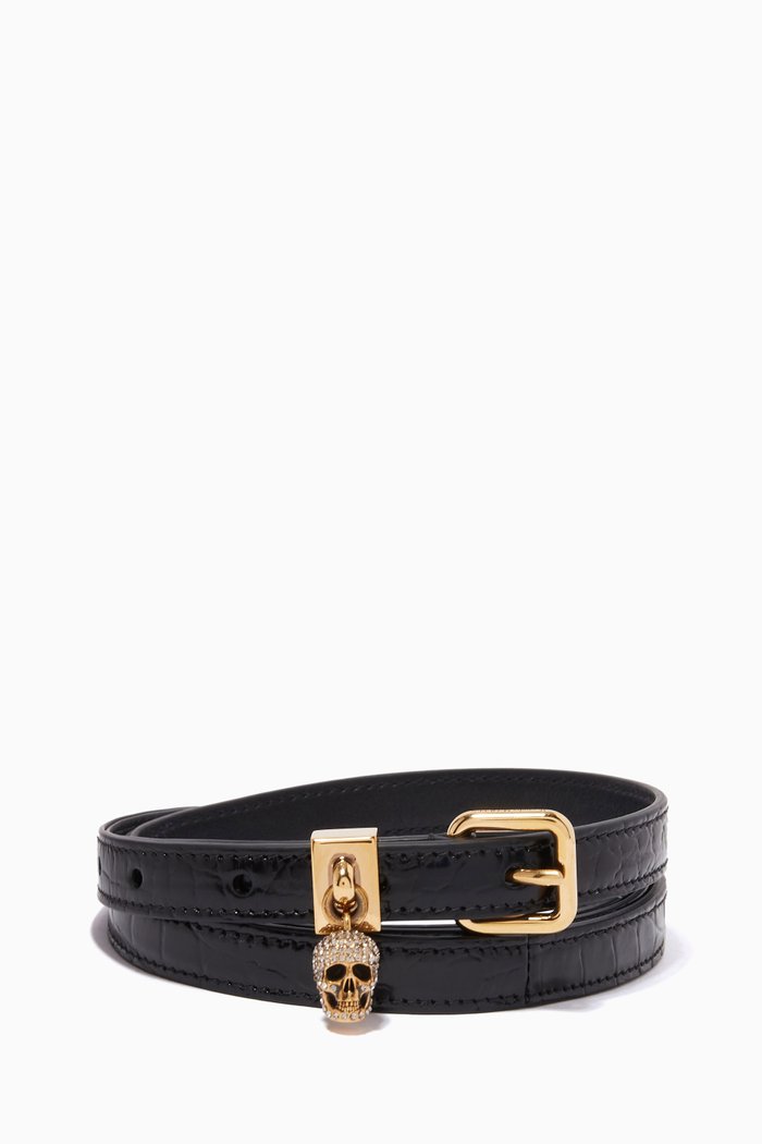 

Pavé Crystal Skull Belt in Croc-embossed Leather, Black