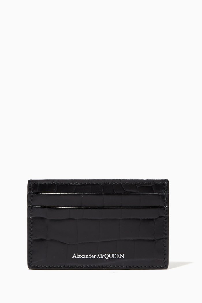 Card Holder in Croc-embossed Calfskin, Black